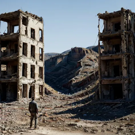 ruinedarchi, ruined building, photorealistic, ruins, sunny, <lora:ruinedarchi:0.6>, low contrast, symmetrical composition, valley, hillside, (1man stands in the middle and looks forward:1.4)