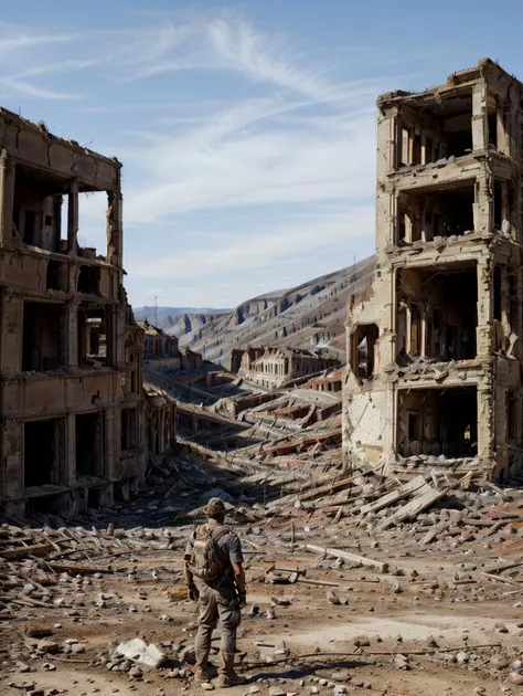ruinedarchi, ruined building, photorealistic, ruins, sunny, <lora:ruinedarchi:0.6>, low contrast, symmetrical composition, valley, hillside, 1man stands in the middle and looks forward