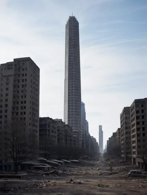 architecture, bare_tree, building, city, cityscape, day, outdoors, skyscraper, street, tree , <lora:ruinedarchi:0.6>