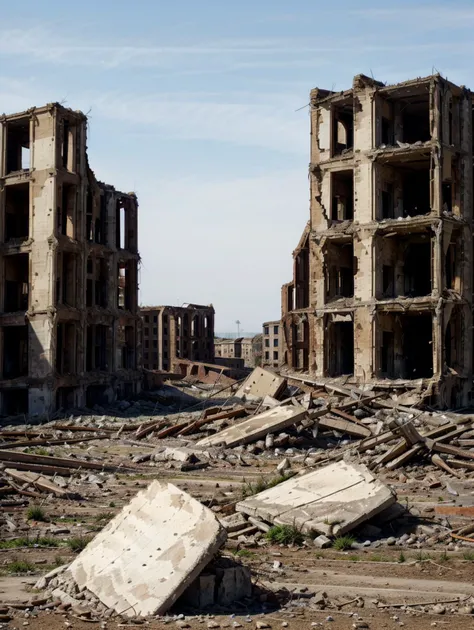 ruinedarchi, ruined building, photorealistic, ruins, sunny, <lora:ruinedarchi:0.6>, low contrast, weeds grow rankly