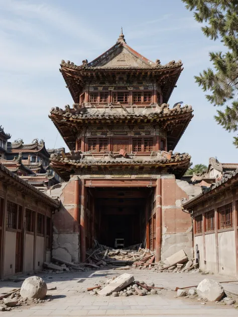 ruinedarchi, ruined building, cnarchi, photo realism, traditional chinese architecture, temple, <lora:ruinedarchi:0.3>, <lora:chinese_architecture_v1:0.6>