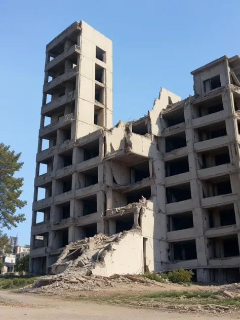architecture, bare_tree, building, city, cityscape, day, outdoors, skyscraper, street, tree , <lora:ruinedarchi:0.6>, ruinedarchi, ruined building