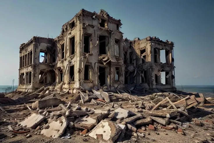 ruinedarchi, ruined building, photorealistic, ruins, sunny, <lora:ruinedarchi:0.6>, over the sea, low contrast