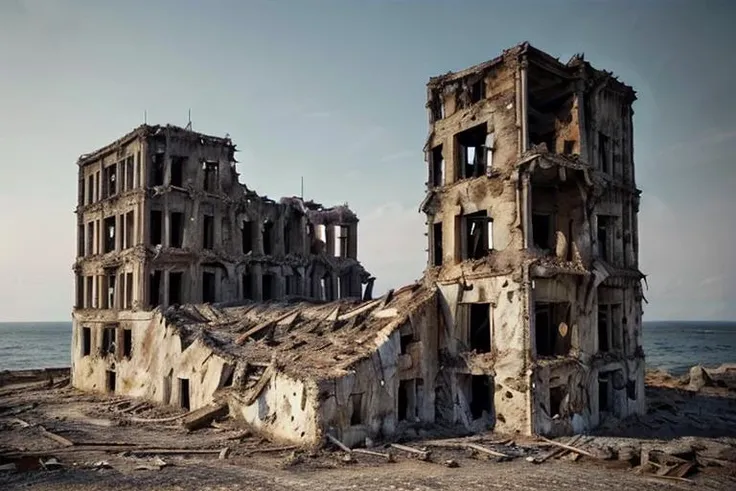 ruinedarchi, ruined building, photorealistic, ruins, sunny, <lora:ruinedarchi:0.6>, over the sea, low contrast, symmetrical composition
