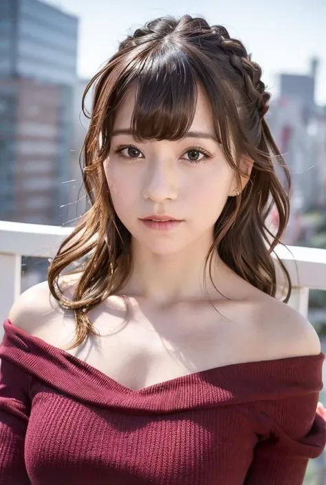 1girl, (wearing a red off-the-shoulder dress:1.4),(RAW photo, best quality), (realistic, photo-realistic:1.4), masterpiece, an extremely delicate and beautiful, extremely detailed, 2k wallpaper, Amazing, finely detail, extremely detailed CG unity 8k wallpaper, ultra-detailed, highres, soft light, beautiful detailed girl, extremely detailed eyes and face, beautiful detailed nose, beautiful detailed eyes,cinematic lighting,(in the city:1.8),perfect anatomy,slender body,smiling,(close up:2.0),(look at viewer),(front view:2.0),cinematic angle,(wavy long hair:1.6), (brown eyes:2.0),   <lora:tanaberui_lora-01:0.8>
