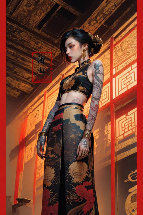 ((masterpiece))), (((best quality))), ((Very detailed)), (Very detailed的计算机插图), ((Extremely refined)),Movie Lighting,(panoramic:1.5)(indoors, Windows, Sunlight, plant:1.3), Dynamic Angle, view, High Point,Throw(From below:1.4),
Color paint a mature face looking sideways, (Cold attitude,Eyeshadow,Eyeliner:1.1),(Red lips:1.5),Big watery eyes, cosmetic(White Chinese clothes:1.4)
Jewelry Earrings Arm Tattoos Full Body Tattoos, Neck tattoo(Long legs:1.3)Large Breasts,
((((dramatic))), (((Perseverance))), (((intense)))Tension-filled visual impact,Make the poster dynamic and visually impactful,

