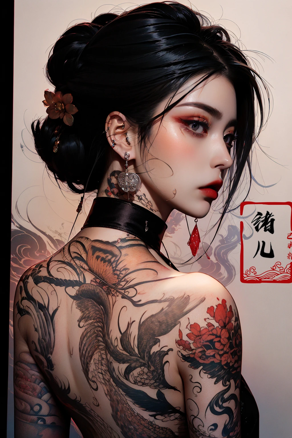 color paintA mature facesideways glance, (cold attitude,eyeshadow,eyeliner:1.1),(red lips:1.5),watery eyes,
jewelryearringsarm tattoofull-body tattoo(upper body:1.5), back tattoo
 <lora:color paint_20231218224545:0.8>