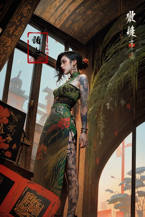 ((masterpiece))), (((best quality))), ((super detailed)), (highly detailed computer illustration), ((extremely delicate and beautiful)),cinematic light,(panorama:1.5)(Indoors, Windows, sunlight, plants:1.3), Dynamic Angle, Perspective, High Point,pov(from below:1.4),
color paintA mature facesideways glance, (cold attitude,eyeshadow,eyeliner:1.1),(red lips:1.5),watery eyes, makeup(green chinese clothes:1.4)
jewelryearringsarm tattoofull-body tattoo, neck tattoo(long legs:1.3)big breasts,
((((dramatic))), (((gritty))), (((intense)))A shot with tensionVisual impact,giving the poster a dynamic and visually striking appearance,
<lora:~Q?-_i~ color paint:0.8>