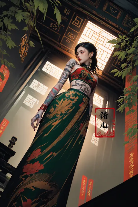 ((masterpiece))), (((best quality))), ((super detailed)), (highly detailed computer illustration), ((extremely delicate and beautiful)),cinematic light,(panorama:1.5)(Indoors, Windows, sunlight, plants:1.3), Dynamic Angle, Perspective, High Point,pov(from below:1.4),
color paintA mature facesideways glance, (cold attitude,eyeshadow,eyeliner:1.1),(red lips:1.5),watery eyes, makeup(green chinese clothes:1.4)
jewelryearringsarm tattoofull-body tattoo, neck tattoo(long legs:1.3)big breasts,
((((dramatic))), (((gritty))), (((intense)))A shot with tensionVisual impact,giving the poster a dynamic and visually striking appearance,
<lora:~Q?-_i~ color paint:0.8>