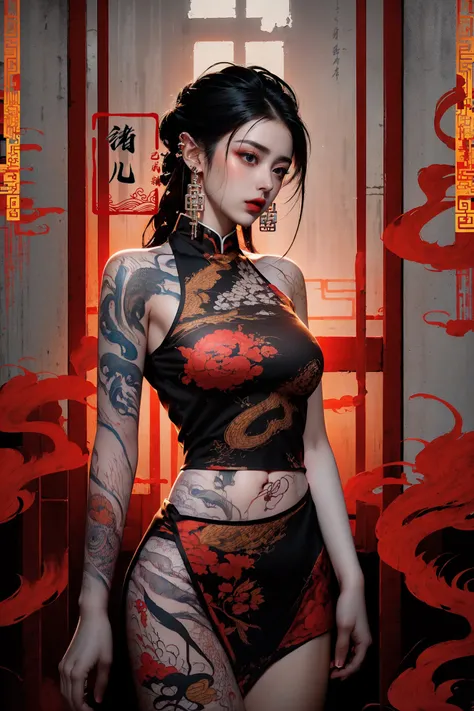 ((masterpiece))), (((best quality))), ((super detailed)), (highly detailed computer illustration), ((extremely delicate and beautiful)),cinematic light,(panorama:1.5)(Indoors, Windows, sunlight, plants:1.3), Dynamic Angle, Perspective, High Point,pov(from above:1.2),
color paintA mature facesideways glance, (cold attitude,eyeshadow,eyeliner:1.1),(red lips:1.5),watery eyes, makeup(Red chinese clothes:1.4)
jewelryearringsarm tattoofull-body tattoo, neck tattoo(long legs:1.3)big breasts,
((((dramatic))), (((gritty))), (((intense)))A shot with tensionVisual impact,giving the poster a dynamic and visually striking appearance,
<lora:~Q?-_i~ color paint:0.8>