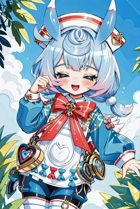(masterpiece, best quality, highres, ultra detailed:1.2), (solo, 1girl), BREAK, sigewinne, closed eyes, blue hair, low twintails, animal ears, hat, long sleeves, gloves, dress, pants, leggings, wings, BREAK, smile, open mouth, blush, (jumping, one leg up:1.3), (looking upwards, looking at viewer:1.2), BREAK, (blue sky, clouds, outdoors, forest, plants, leaves, detailed background:1.3)