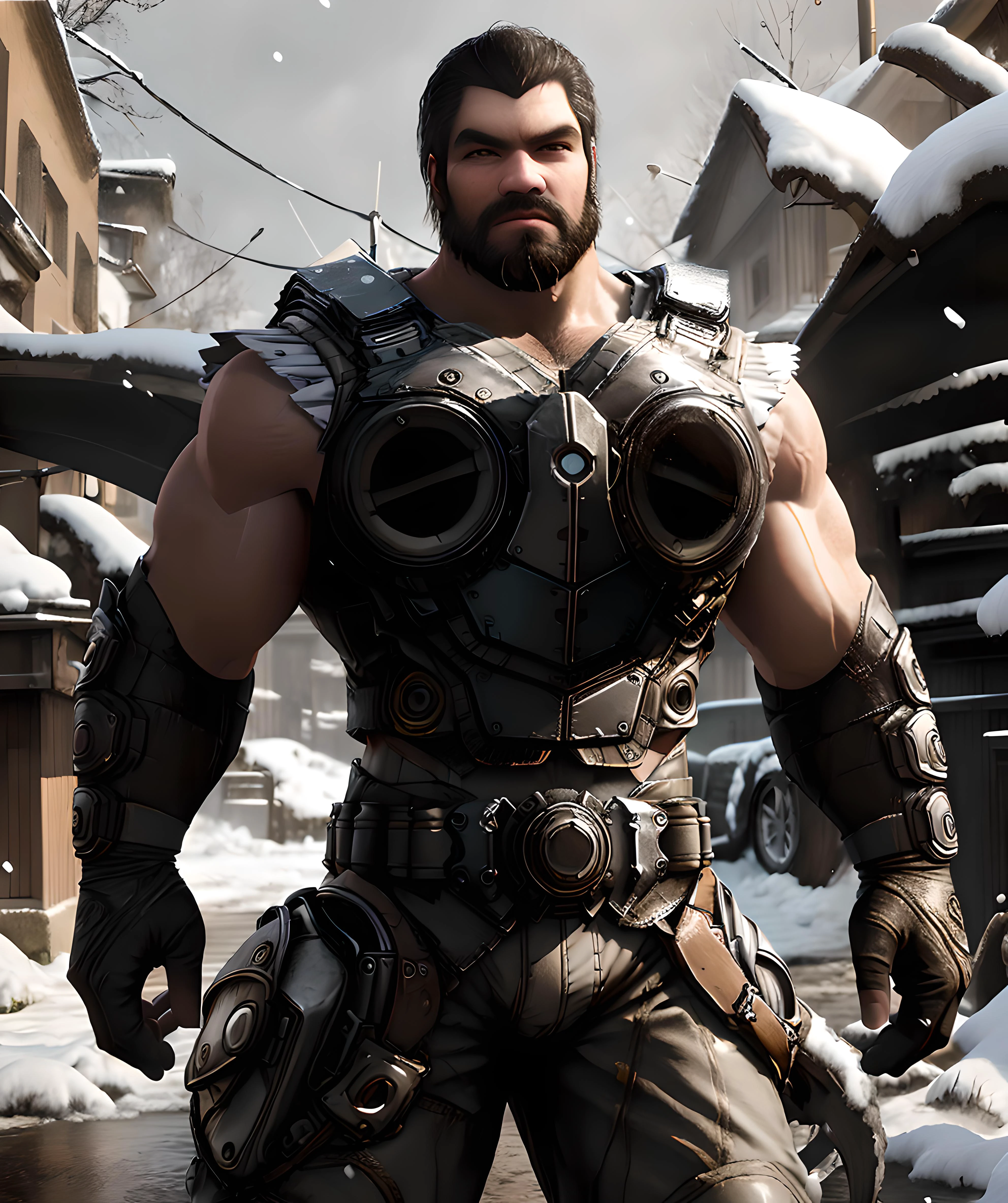 ((best quality, masterpiece)), photography, full_beard_dom_santiago, muscular, standing, looking at viewer, holding transparent umbrella, snowing, town, armor <lora:Full_Beard_Dom_Santiago-15:0.85>