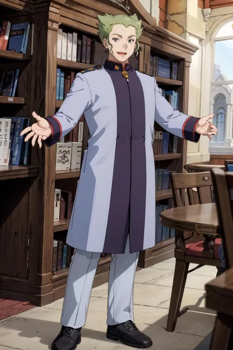 LawrenceIII,1boy,solo,standing,facing viewer,coat,pants,shoes,raised arms,:d,(in library), <lora:LawrenceIII:0.7>