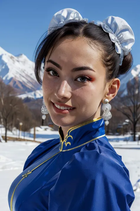 chun li, double bun, brown hair, bun cover, brown eyes, blue chinese dress, short sleeves, small earrings, looking at viewer, smiling, close up, outside, park, snow, mountain, high quality, masterpiece, <lora:chunlieSF6:.8>