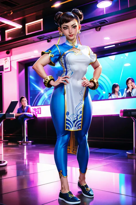 chun li,pearl earrings,double bun, brown hair, brown eyes, chinese clothes, white dress, pelvic curtain, bracelet, pants, shoes, looking at viewer smiling,standing, full body shot, inside club, neon lighting, crowd, high quality, masterpiece, <lora:chunliSF6Default-10:.8>