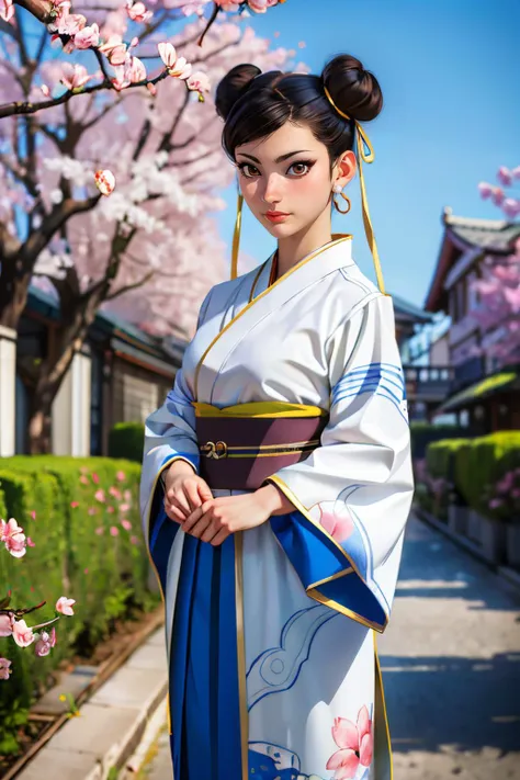 chun li,pearl earrings,double bun, brown hair, brown eyes, traditional kimono, sash, long sleeves, looking at viewer serious, standing, outside,garden, cherry blossom, blue sky, high quality, masterpiece, <lora:chunliSF6Default-10:.8>