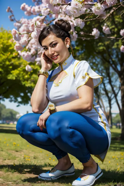 chun li,pearl earrings,double bun, brown hair, brown eyes, chinese clothes, white and blue dress, pelvic curtain, bracelet, pants, shoes, looking at viewer, smiling, squatting, knees together, hand under chin, outside, park, flowers, trees, blue sky, high quality, masterpiece, <lora:chunliSF6Default-10:.8>