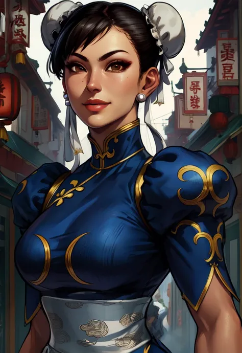 chun li, double bun,  black hair, brown eyes,  
chinese clothes, spiked bracelet, bun cover, earrings , 
standing, upper body,  smile,  sash, 
chinatown,  police station,  morning, 
(insanely detailed, beautiful detailed face, beautiful detailed eyes, masterpiece, best quality),solo, <lora:chunlieSF6:0.8>