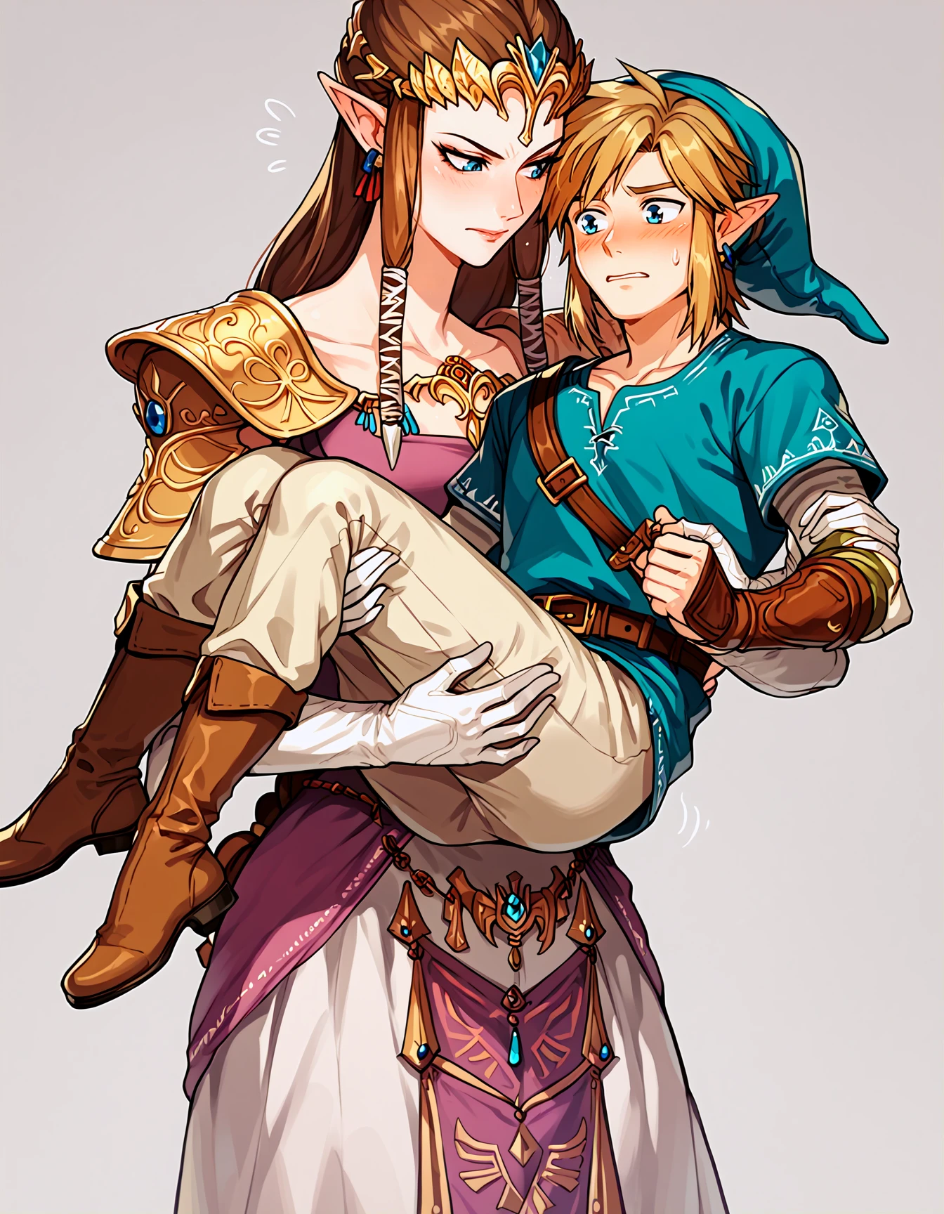 score_9, score_8_up, score_7_up, score_8, score_7, 1girl, 1boy, tpzlda, princess carry, link, femdom, assertive female, girl carrying boy, embarrassed,
<lora:tp_zelda_tpzlda_ponyxl_v1:0.8>, 5_fingers,