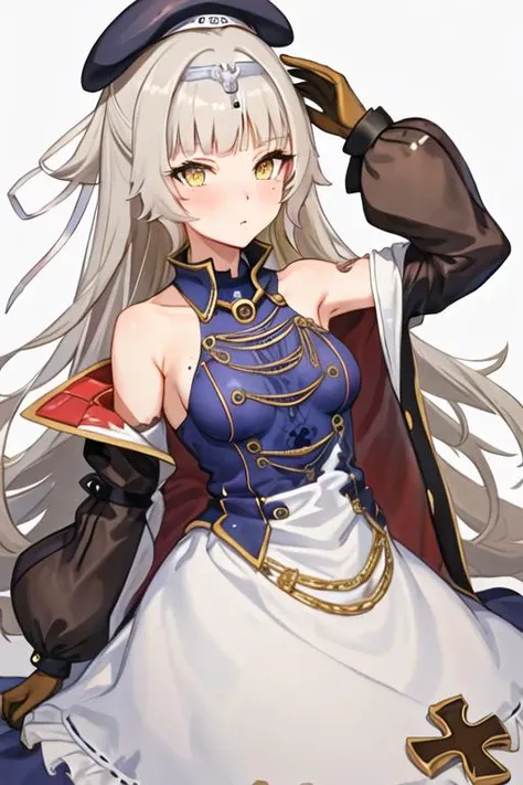best quality, masterpiece, highres, solo, {z46_azurlane:1.15}, long_hair, bangs, yellow_eyes, grey_hair, mole, mole_under_eye, blush, hat, blunt_bangs, very_long_hair, cross, iron_cross, breasts, small_breasts, brown_eyes, 1girl, bare_shoulders, long_sleeves, looking_at_viewer, maid_headdress, closed_mouth, jacket, off_shoulder, dress, simple_background, black_jacket, detached_collar, frills, white_background, black_dress