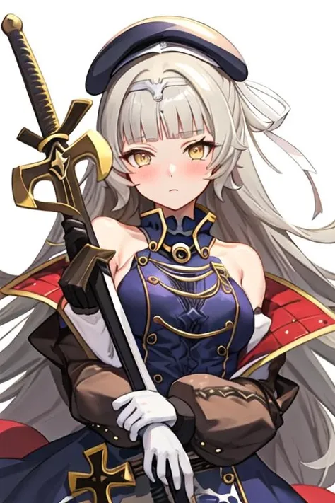 best quality, masterpiece, highres, solo, {z46_azurlane:1.15}, long_hair, bangs, yellow_eyes, grey_hair, mole, mole_under_eye, blush, hat, blunt_bangs, very_long_hair, cross, iron_cross, breasts, small_breasts, brown_eyes, 1girl, bare_shoulders, chinese_clothes, looking_at_viewer, dress, gloves, holding, holding_umbrella, oil-paper_umbrella, sleeveless, umbrella, china_dress, elbow_gloves, hair_ornament, black_gloves, sleeveless_dress, brown_gloves, closed_mouth, covered_navel, headpiece, upper_body