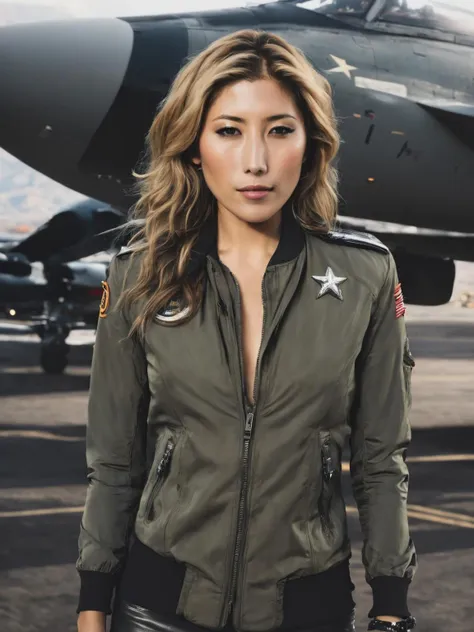 beautiful dichen_lachman as a military pilot, bomber jacket, tank top, (cleavage:0.5), dichen_lachman, (highly detailed:1.2),(best quality:1.2),(8k:1.2),sharp focus,(subsurface scattering:1.1),award-winning photograph,professional portrait photography,(close shot:1.2), fighter jet in background, (very detailed background:1.2), dramatic lighting, <lora:dichen_lachman_sdxl_2500:0.8>