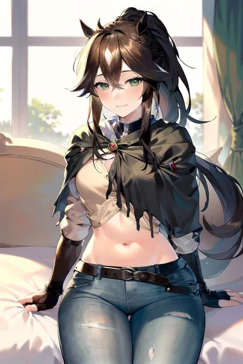 (masterpiece), (best quality), (ultra-detailed), photorealistic, (best illustration), (an extremely delicate and beautiful), 1girl, solo, finely detailed iris, 1girl, on bed, cowboy shot, ponytail, blush, umamusume, <lora:ArknightsMeteorv1:1:OUTD>, green eyes, long hair, braid, french braid, horse tail, (meteorclothing:1.22), fingerless gloves, jeans, belt, looking at viewer, smile,