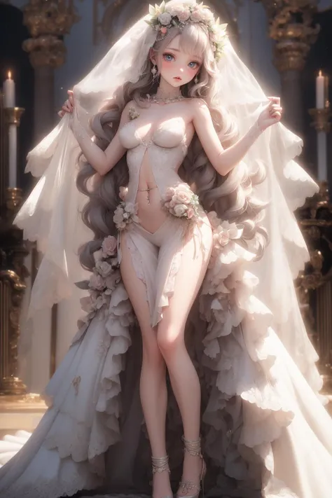 wide shot, 1 Girl, sexy slim girl,long hair with slight curls, (white hair), perfect (extra small breasts), nsfw, pose, body covered by hair, naked,(wedding dress:1.2), (long veil), laser, laser dress, plastic clothing, tranparent dress, exquisite and beautiful big eyes,  full body, navel_piercing, exquisite features, detailed features, <lora:BJD_20230729141309-000009:0.6>,
