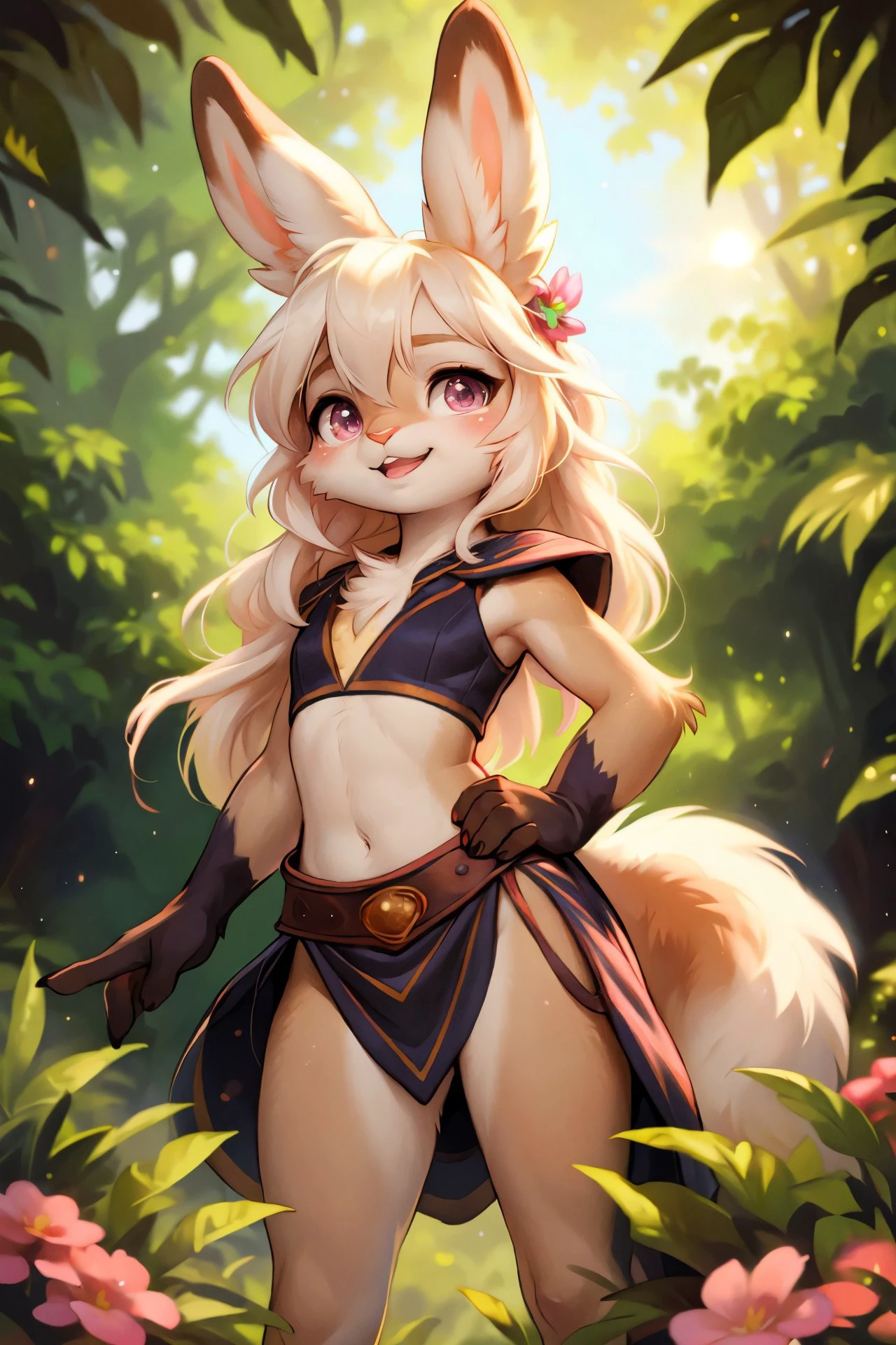 <lora:add_detail:0.8>, <lora:Furtastic_Detailer:0.6>,
(fashion|wildlife) photography, masterpiece,
(three quarter back) view, backside, over the shoulder, low angle,
furry girl, female anthro rabbit, small breasts, fluffy cheeks, detailed and extremely fluffy body fur, young, (chubby:0.3),
detailed mouth, (thick thighs:0.3), glossy fur,
Warlock, Mystic or dark-themed robes with otherworldly symbols, midriff,
Purple and brown fur,
long hair with a bun, hair over eye,
detailed eyes, rendered eyes, cute-fine-face, small breasts, flat chest,
standing, confident, hands on hip,
uploaded on e621, by Tom Roberts, by Demicoeur, (by castitas:0.5), by Beatrice Ethel Lithiby, (by dagasi:0.5), by Furikake,
sailor_moon, <lora:sailor_moon:0.3>,
<lora:Judy_V2.4:0.2>,
<lora:FurryCoreV2New:0.4>, furrycore,
<lora:Scorbunny:0.2>, scorbunny,
<lora:nanachi:0.1>, nanachi,
happy,
daylight, noon, beautiful sun dappled grand lush forest, forest clearing, flowers, grass, blue sky,
Mystical Floating Islands, Whimsical landmasses suspended in the sky, connected by ethereal bridges, housing ancient ruins,
3 point lighting, flash with softbox,
detailed, realistic, 8k uhd, high quality, high quality photography, 4k, Canon EOS R3, hdr, smooth, sharp focus, high resolution, award winning photo, 80mm, f2.8, bokeh,
cinematic composition, cinematic lighting, highly detailed, masterpiece, best quality, realistic,