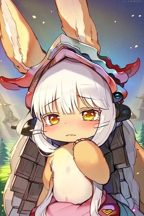 (((best quality))), ((solo)), (((kemono))), (((child))), (((nanachi))), ((cute face)), (cute ears), (detailed  white hair), ((detailed beige body)), detailed white chest, ((fluffy tail)), shy, blush, outside, in forest, (((crepuscular ray))), (((detailed background))), (((natural light on body))), (((detailed natural light))), (((higher body detail))), (explicated), ((masterpiece))