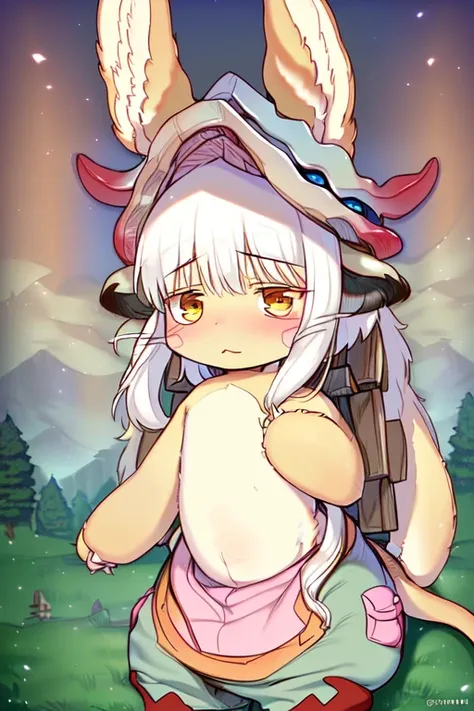 (((best quality))), ((solo)), (((kemono))), (((child))), (((nanachi))), ((cute face)), (cute ears), (detailed  white hair), ((detailed beige body)), detailed white chest, ((fluffy tail)), shy, blush, outside, in forest, (((crepuscular ray))), (((detailed background))), (((natural light on body))), (((detailed natural light))), (((higher body detail))), (explicated), ((masterpiece))