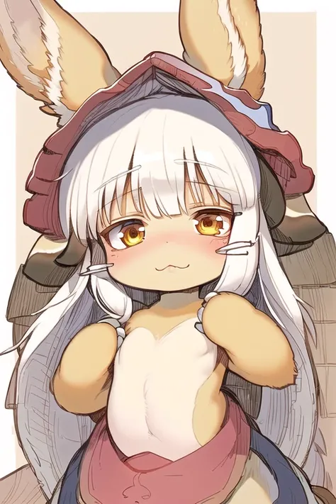 (((best quality))), ((solo)), (((kemono))), (((child))), (((nanachi))), ((cute face)), (cute ears), (detailed white hair), ((detailed beige body)), detailed white chest, ((fluffy tail)), outside, in public, (detailed background), (higher body detail), (explicated), ((masterpiece))