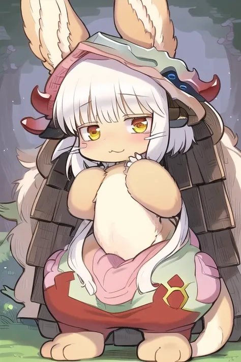 (((best quality))), (solo), (full body), (kemono), ((nanachi)), (cute face), cute ears, detailed white hair, detailed beige body, detailed white chest, fluffy tail, in forest, (detailed background), (higher body detail), (explicated), ((masterpiece))