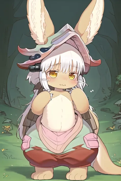 (((best quality))), (solo), (full body), (kemono), ((nanachi)), (cute face), cute ears, detailed white hair, detailed beige body, detailed white chest, fluffy tail, in forest, (detailed background), (higher body detail), (explicated), ((masterpiece))