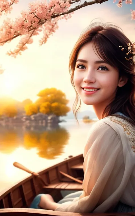 (best quality,masterpiece, intricate,ultra-detailed,realistic,RAW photo,8k uhd,ultra high res,photorealistic style,cinematic scenes, sharp focus,dramatic lighting,extremely detailed CG unity wallpaper) ,1girl,(full body shot:1.5),a beautiful girl sits in a small boat on the lake,(beautiful details face and eyes:1.2), (delicate facial features:1.2),look at the viewer,a cute smile,35mm photograph, film, bokeh, <lora:csal_scenery:1>