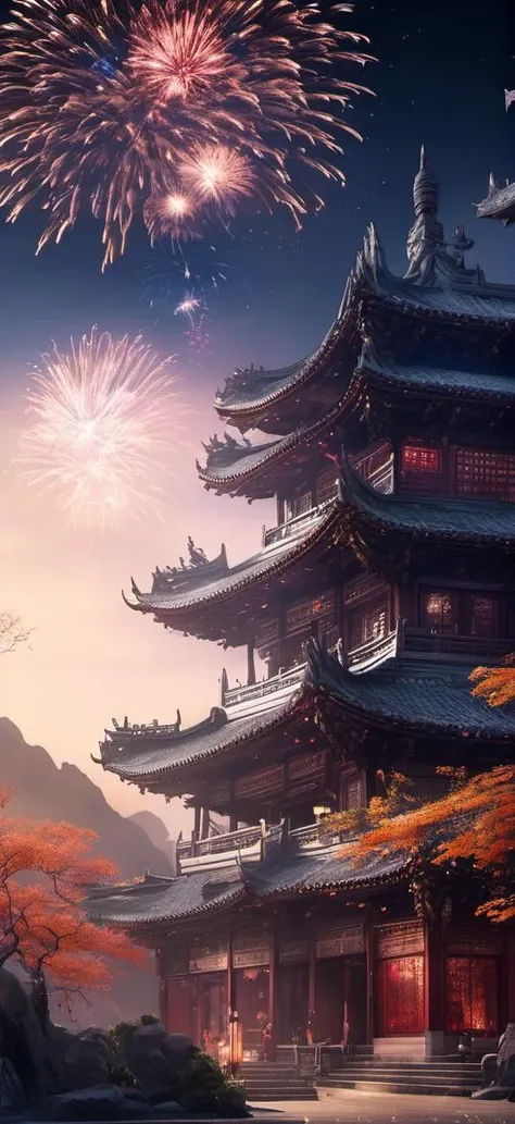 ((Masterpiece, best quality)), detailed skin, highly detailed, cinematic lighting, ultra realistic, huge breast, <lora:csal_scenery_XL:0.8> csal_scenery, Jiangnan, Huangshan, Xihu, midnight, night, dark, star sparkling in the sky, fireworks dragon motive, temple