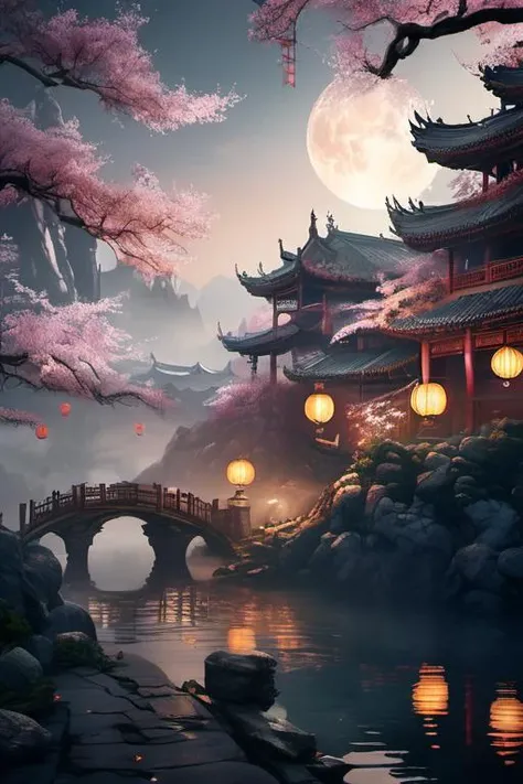 ((Masterpiece, best quality)), detailed skin, highly detailed, cinematic lighting, ultra realistic, huge breast, <lora:csal_scenery_XL:0.8> csal_scenery, Jiangnan, Huangshan, Xihu, night, lots of lanterns