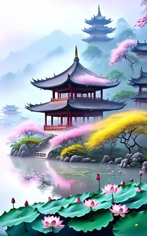 (best quality,masterpiece, intricate,ultra-detailed,realistic,RAW photo,8k uhd,ultra high res,photorealistic style,cinematic scenes, sharp focus,dramatic lighting,extremely detailed CG unity wallpaper) ,Xihu, a pavilion in the fog,a lot of lotus flowers,<lora:csal_scenery:1>