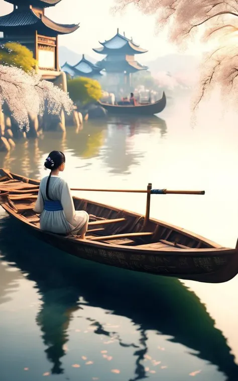 (best quality,masterpiece, intricate,ultra-detailed,realistic,RAW photo,8k uhd,ultra high res,photorealistic style,cinematic scenes, sharp focus,dramatic lighting,extremely detailed CG unity wallpaper) ,1girl,(full body shot:1.5),a beautiful girl sitting on a boat in Xihu,(beautiful details face and eyes:1.2), (delicate facial features:1.2),look at the viewer,a cute smile,35mm photograph, film, bokeh, <lora:csal_scenery:1>