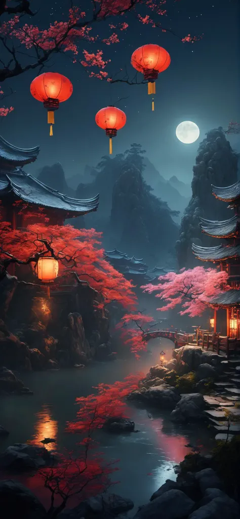 ((Masterpiece, best quality)), detailed skin, highly detailed, cinematic lighting, ultra realistic, huge breast, <lora:csal_scenery_XL:0.8> csal_scenery, Jiangnan, Huangshan, Xihu, midnight, lots of lanterns, dark, starry sky