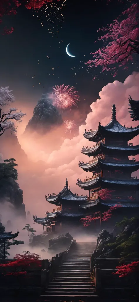((Masterpiece, best quality)), detailed skin, highly detailed, cinematic lighting, ultra realistic, huge breast, <lora:csal_scenery_XL:0.8> csal_scenery, Jiangnan, Huangshan, Xihu, midnight, night, dark, temple levitating, surrounded by clouds, floating, black sky, firework