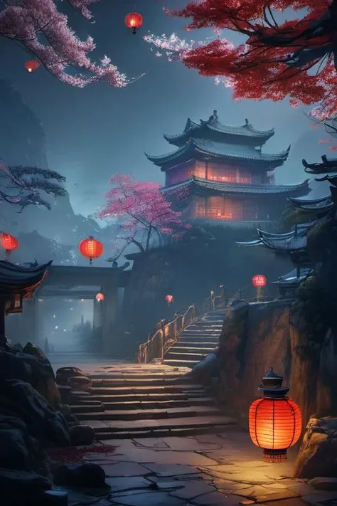 ((Masterpiece, best quality)), detailed skin, highly detailed, cinematic lighting, ultra realistic, huge breast, <lora:csal_scenery_XL:0.8> csal_scenery, Jiangnan, Huangshan, Xihu, midnight, lots of lanterns, dark
