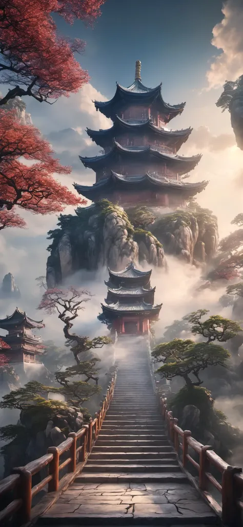 ((Masterpiece, best quality)), detailed skin, highly detailed, cinematic lighting, ultra realistic, huge breast, <lora:csal_scenery_XL:0.8> csal_scenery, Jiangnan, Huangshan, Xihu, temple standing on as cloud in the sky, stairs descending to viewer, levitating, surrounded by clouds, floating, sunrays