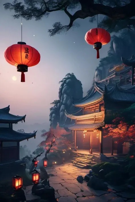 ((Masterpiece, best quality)), detailed skin, highly detailed, cinematic lighting, ultra realistic, huge breast, <lora:csal_scenery_XL:0.8> csal_scenery, Jiangnan, Huangshan, Xihu, night, lots of lanterns