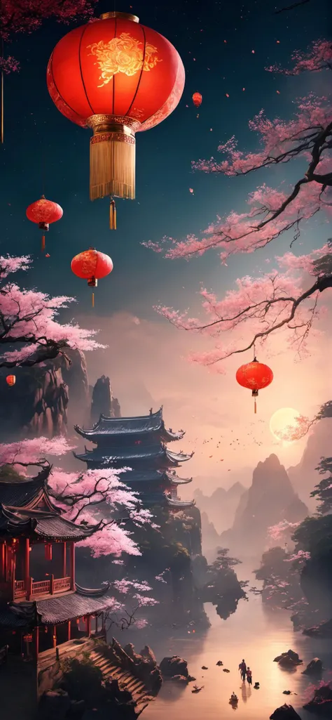 ((Masterpiece, best quality)), detailed skin, highly detailed, cinematic lighting, ultra realistic, huge breast, <lora:csal_scenery_XL:0.8> csal_scenery, Jiangnan, Huangshan, Xihu, midnight, lots of lanterns, dark, star sparkling in the sky, fireworks