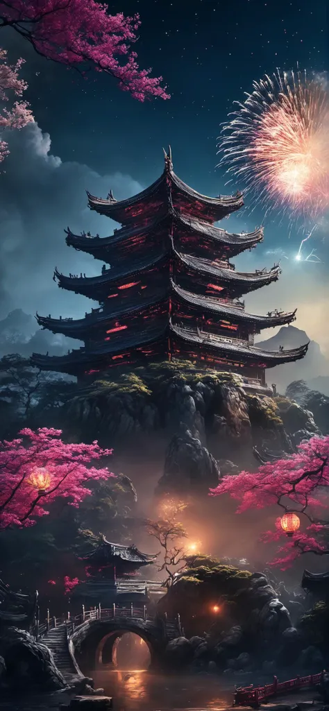 ((Masterpiece, best quality)), detailed skin, highly detailed, cinematic lighting, ultra realistic, huge breast, <lora:csal_scenery_XL:0.8> csal_scenery, Jiangnan, Huangshan, Xihu, midnight, night, dark, star sparkling in the sky, fireworks dragon motive, temple, black sky