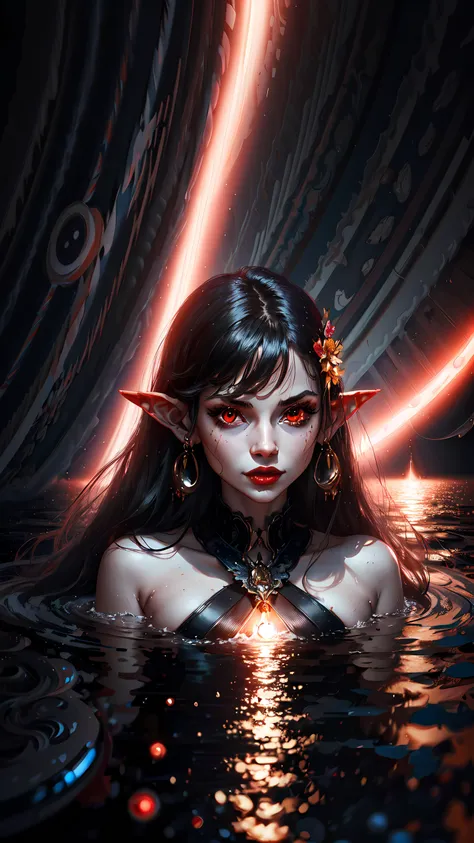 1girl, elf, pointy ears, long hair, black hair, glowing red eyes, black dress, on a lake, portraits, <lora:YingY:1>, <lora:Portraits:0.6>