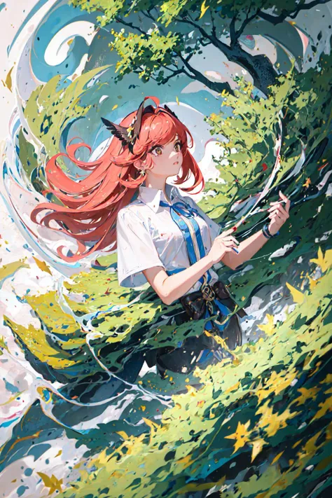 1girl,<lora:YingY-000018:0.8>outdoors,floating hair, tree,upper body,