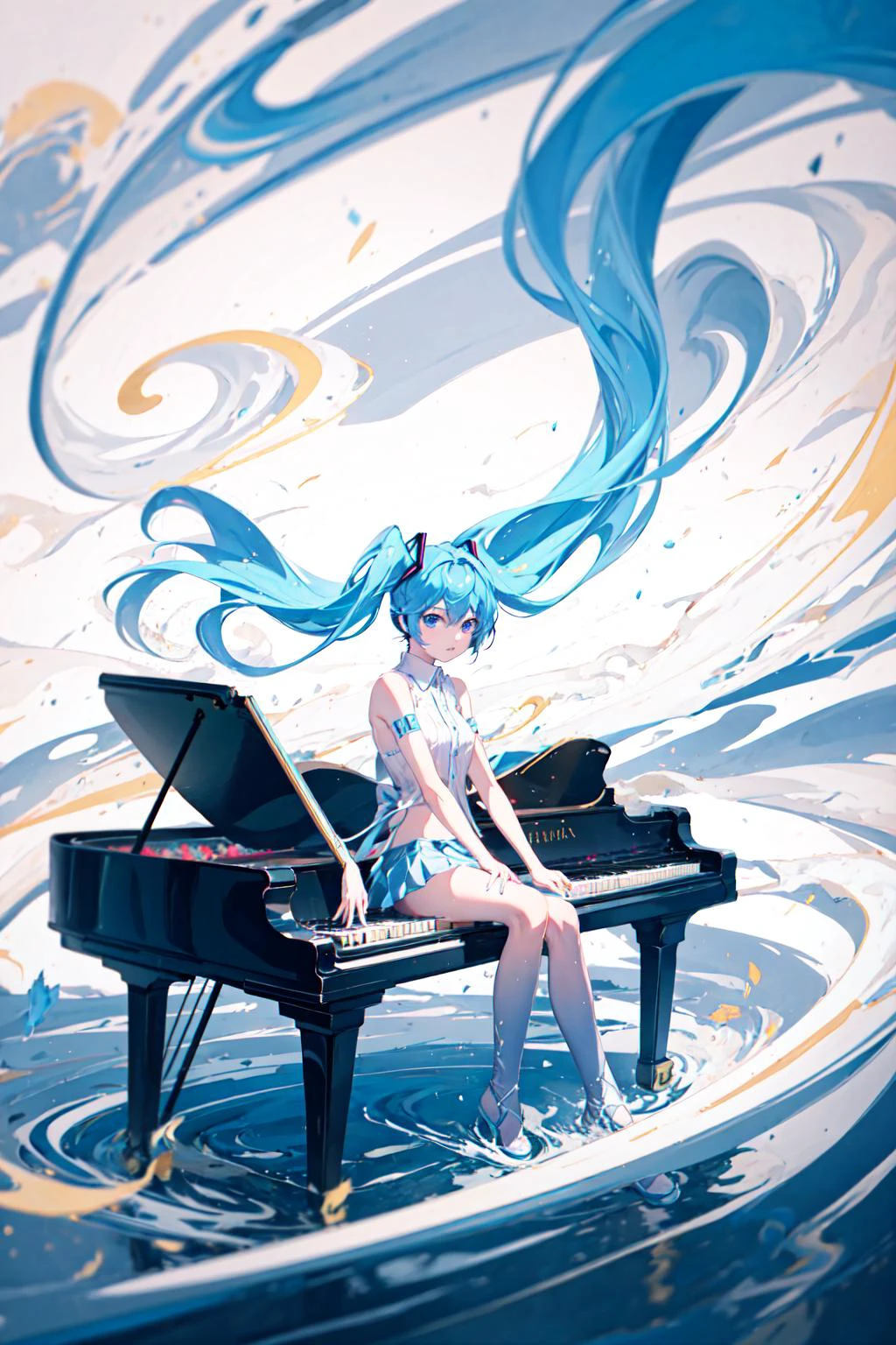 1girl,<lora:YingY-000018:0.6>outdoors, playing_piano,piano,sitting,miku,floating hair,