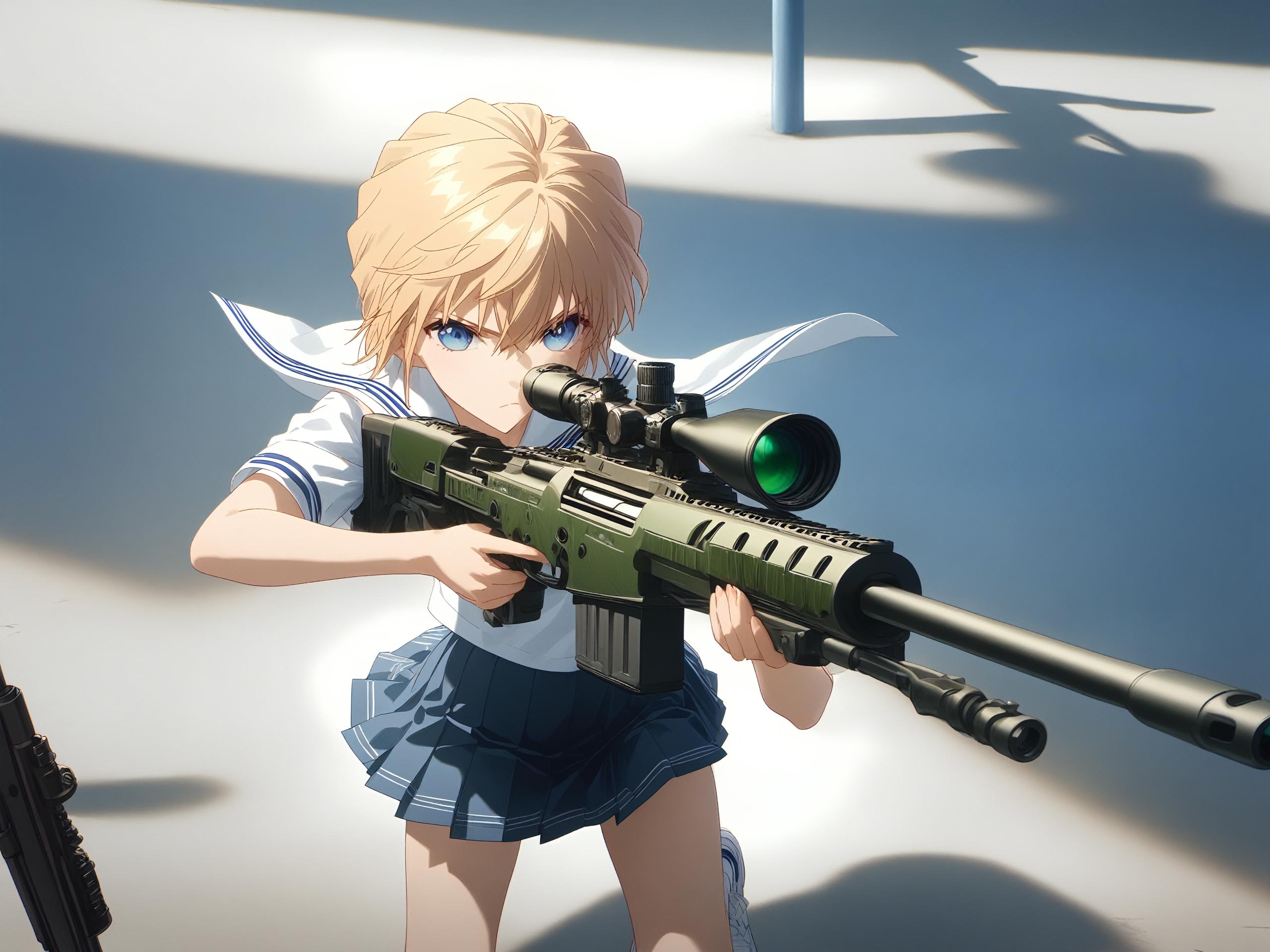 Anime girl with a rifle and a green light - SeaArt AI